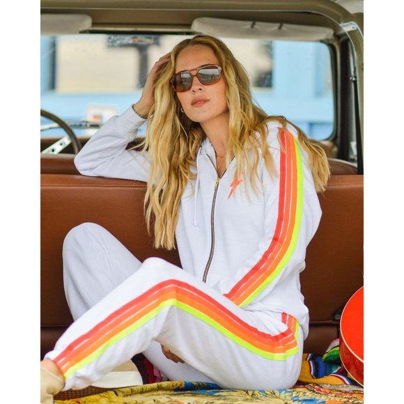 Aviator Nation Pants - Aviator Nation Four Stripe Sweatpants in White Neon